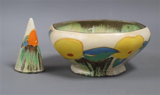 A Clarice Cliff Oranges and Lemons conical salt and bowl (a.f.) Bowl 14cm diameter